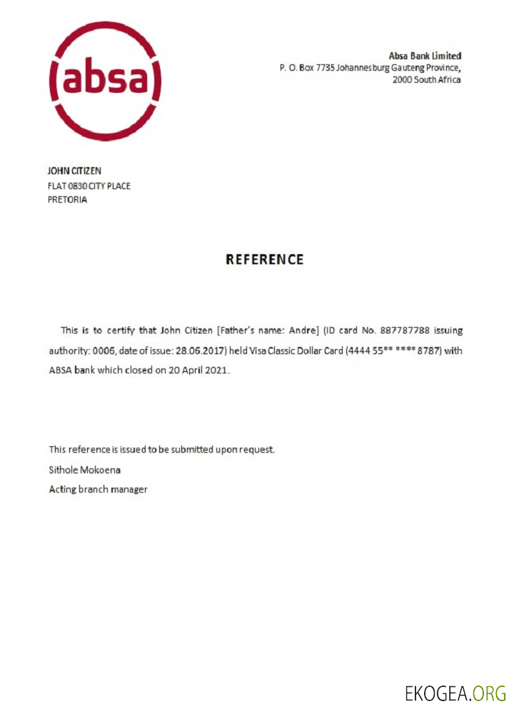 Afrique du Sud , ABSA bank , closure référence